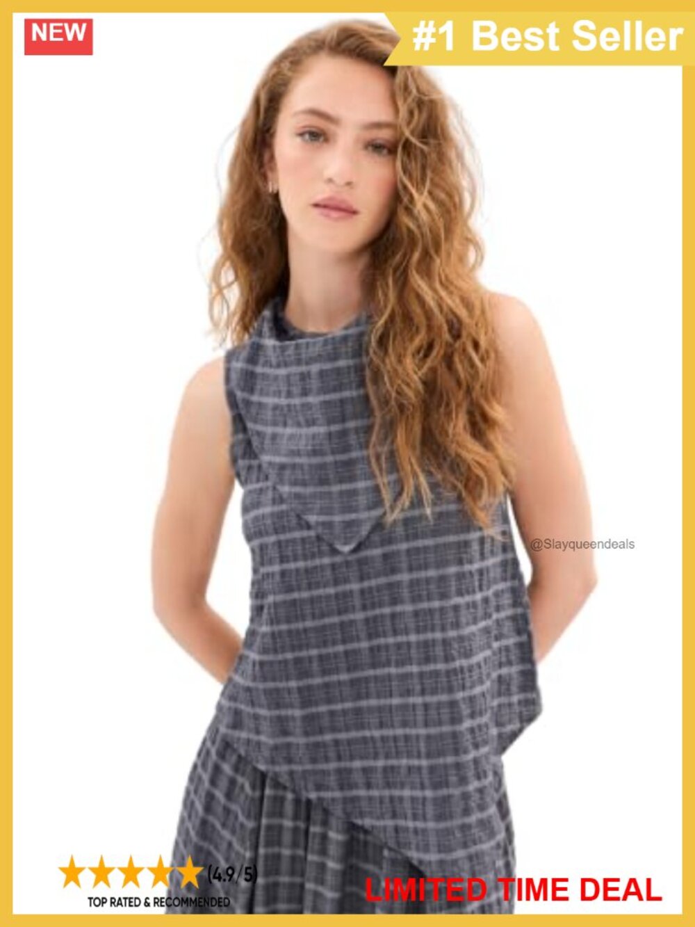 Sleeveless Plaid Blouse with Attached Triangle Scarf Neckline